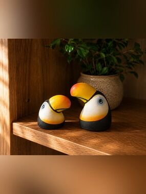 Decorative Vintage Colorful Ceramic Toucan Pair 🦜🌴 Figurine Set - Yellow & Black
